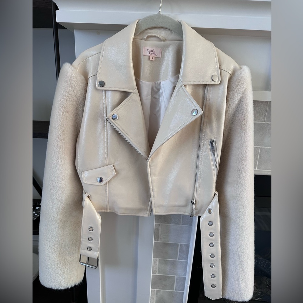 Camila Coelho Florencia Moto Jacket sand beige patent faux fur sleeves biker